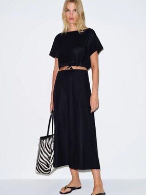 NEW Reformation Jordan Two Piece Short Sleeve Skirt Set Cotton Black | US 2 UK 6
